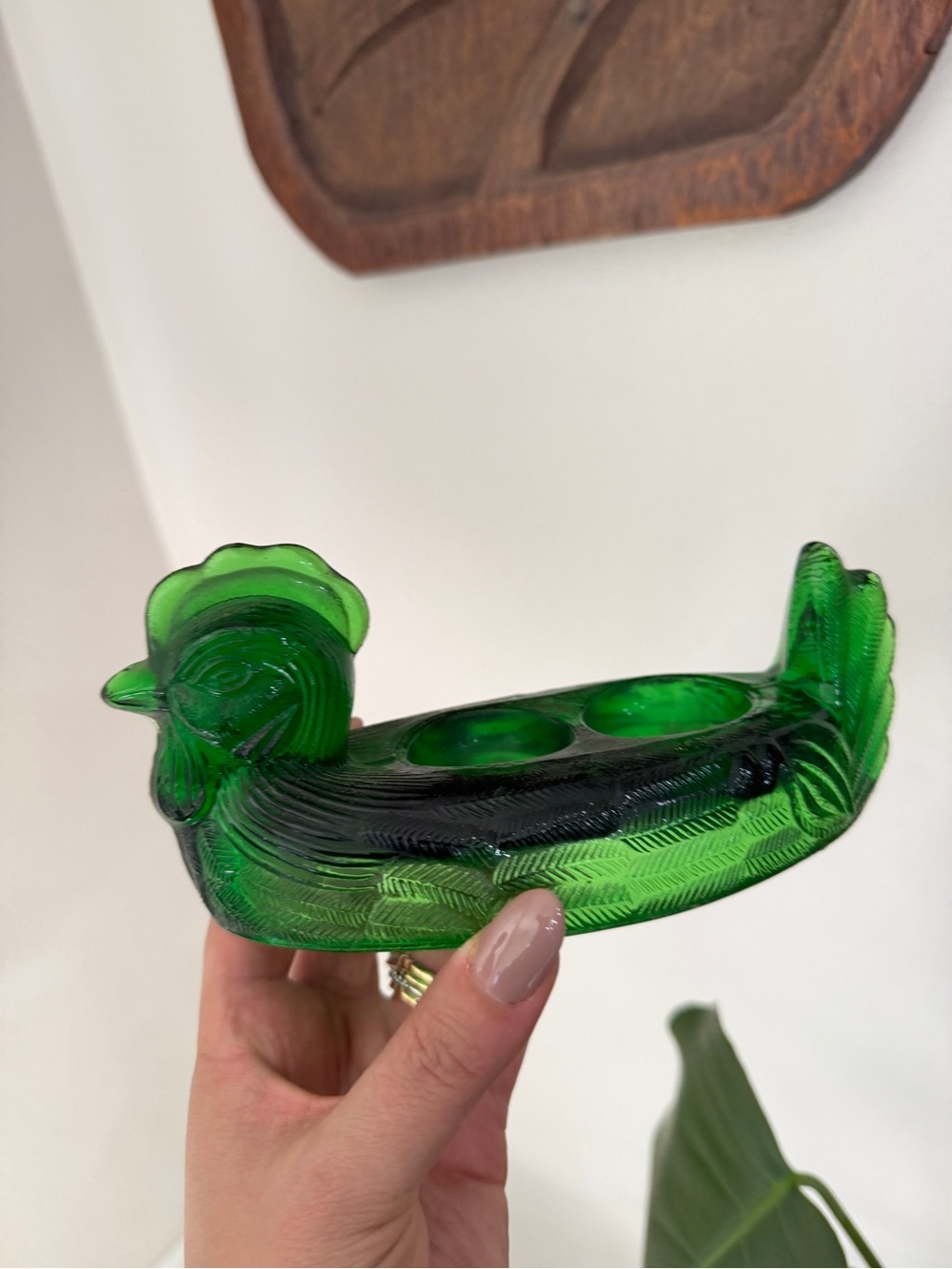 Vintage Green Glass Hen Chicken Double Egg Cup Holder Farmhouse Decor